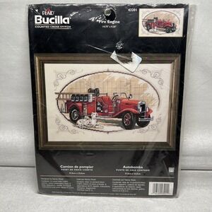 BUCILLA Kit 43201 Plaid Counted Cross Stitch Fire Engine w/Dalmatian Dog SEALED